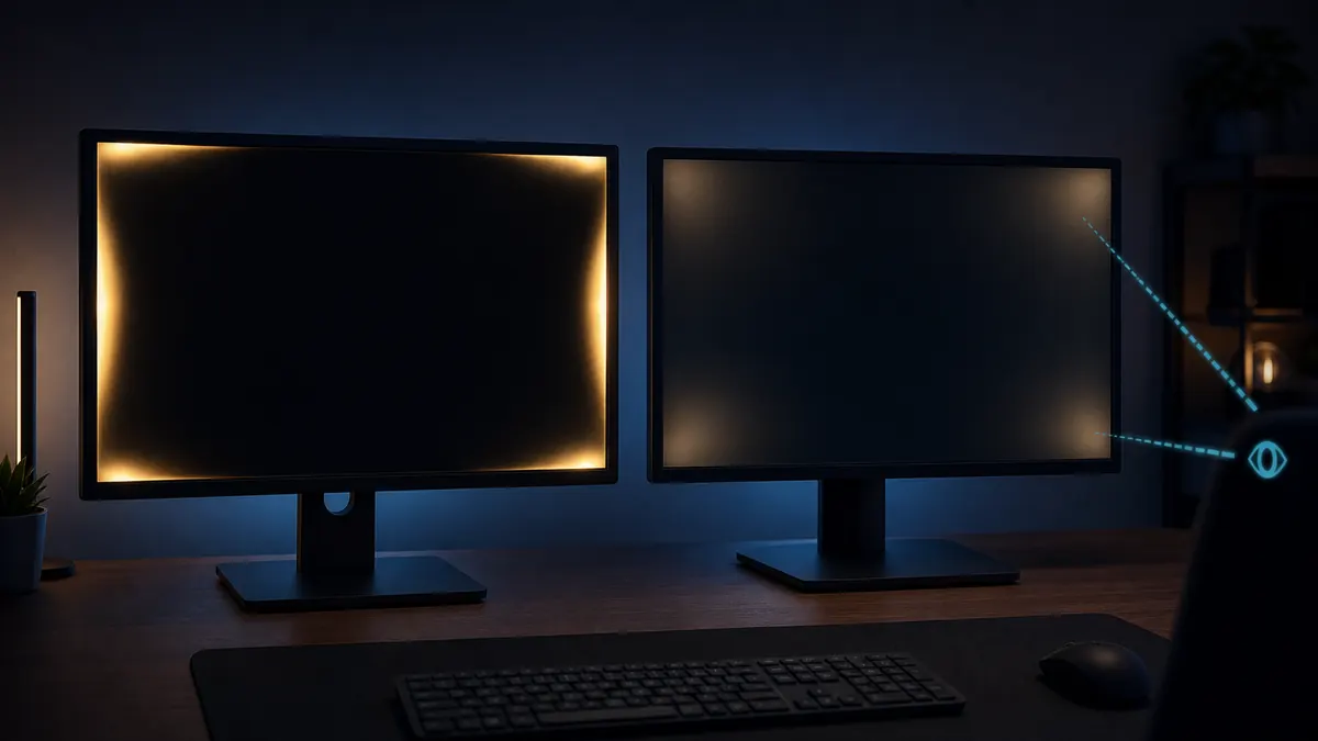 Two dark monitors comparing fixed edge backlight bleed and softer angle-dependent IPS glow