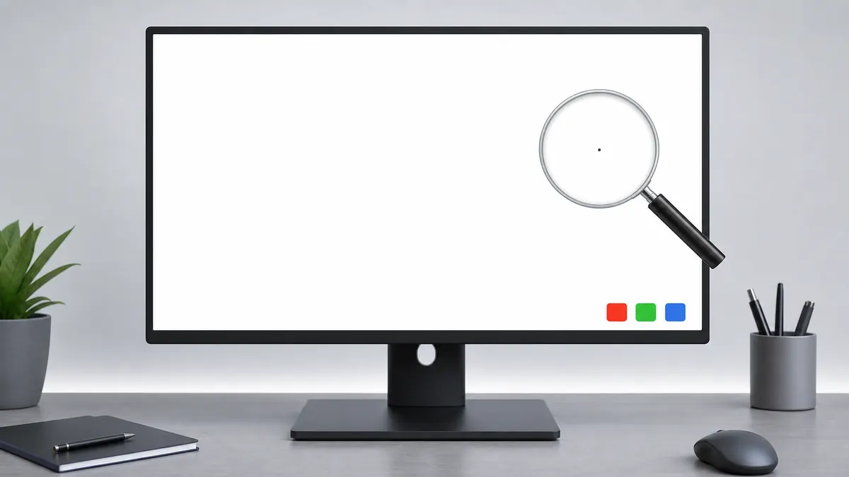 Monitor showing a fullscreen white pixel test with a magnifier focused on a tiny display defect