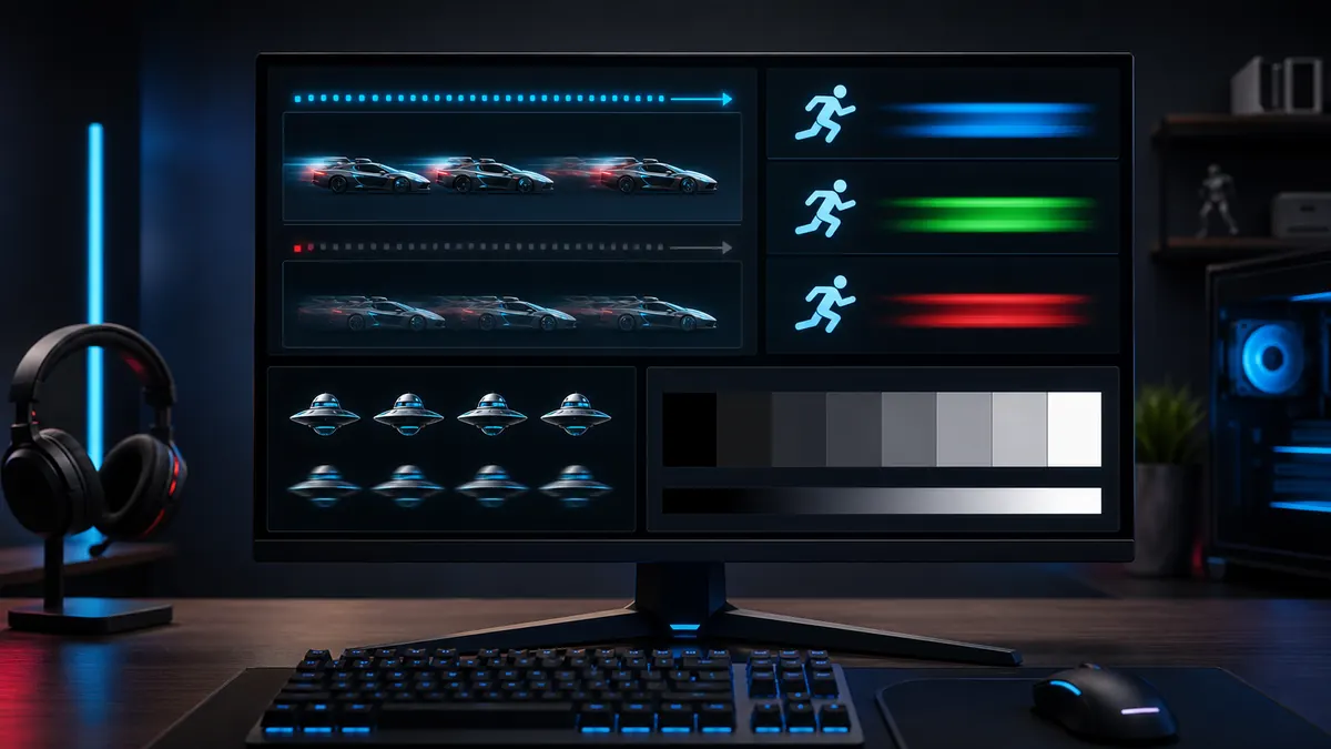 Gaming monitor showing motion test trails, contrast steps, and response-time style patterns