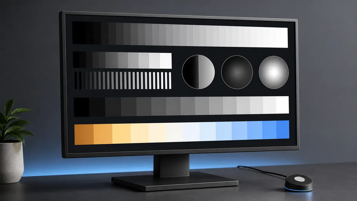 Monitor showing grayscale ramps, contrast bars, gamma patterns, and color calibration swatches