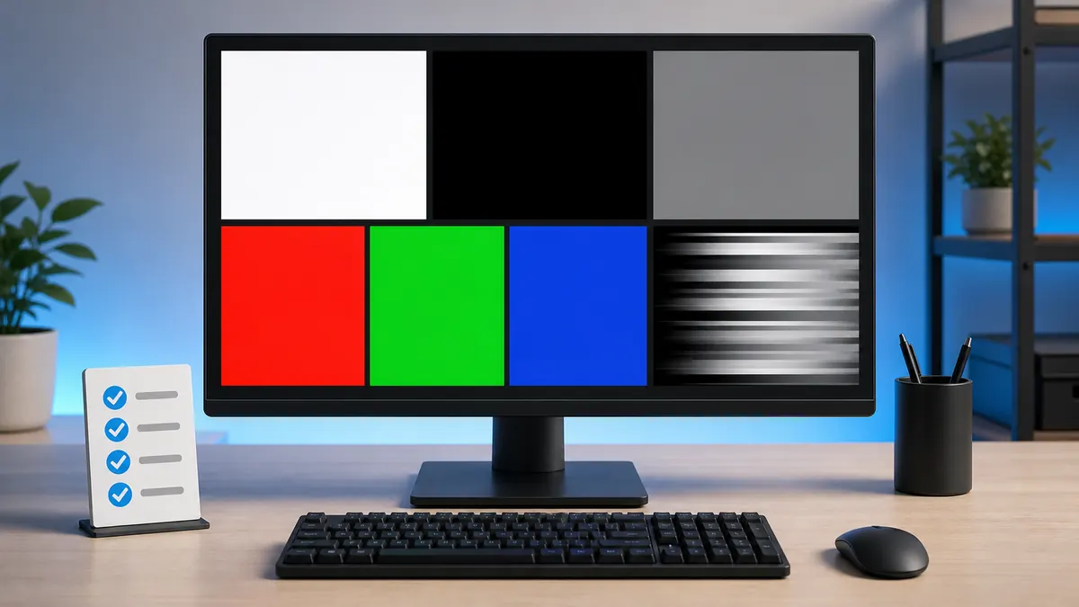 New monitor showing fullscreen test panels for white, black, gray, RGB colors, and motion checks