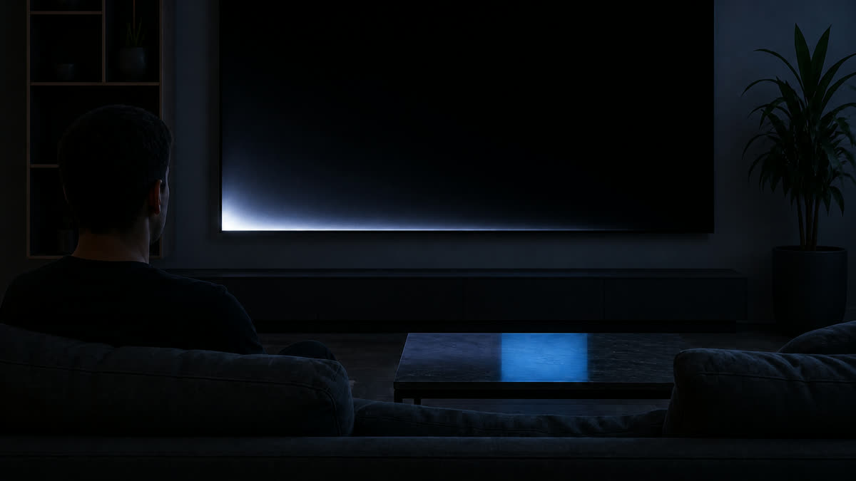 Dark-room black fullscreen test showing a bright corner light leak on a living-room TV.