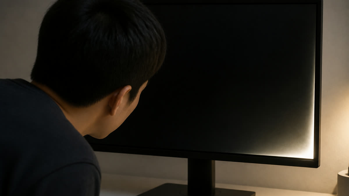 Close inspection of a monitor corner glowing on a full black field during a backlight bleed test.