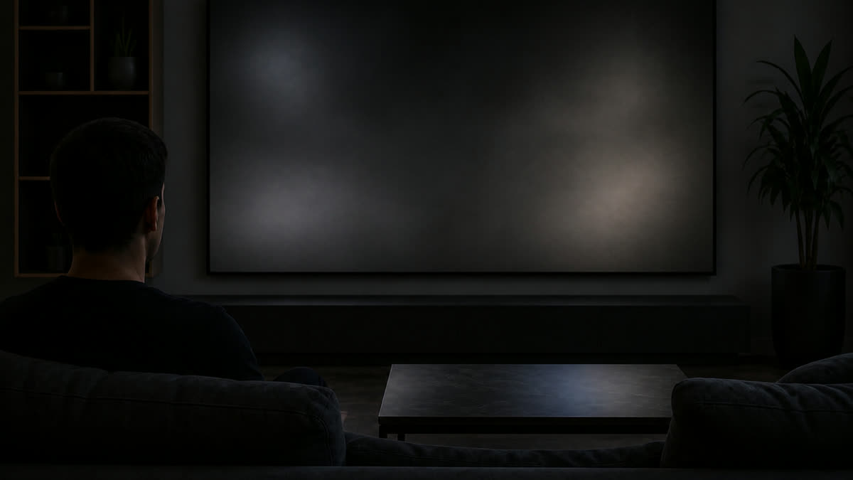 Dark-room TV showing cloudy uneven brightness across a black field during a backlight bleed test.