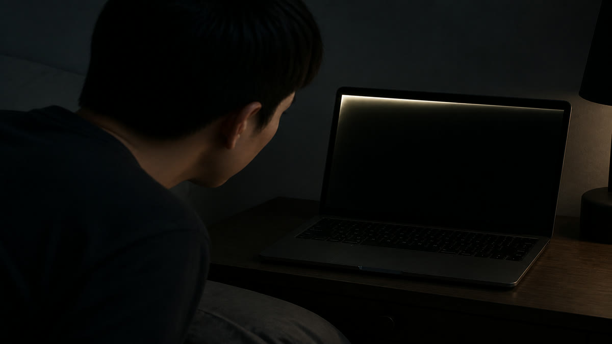 A laptop in a dark room showing a black screen with a harsh white-yellow leak along the top edge.