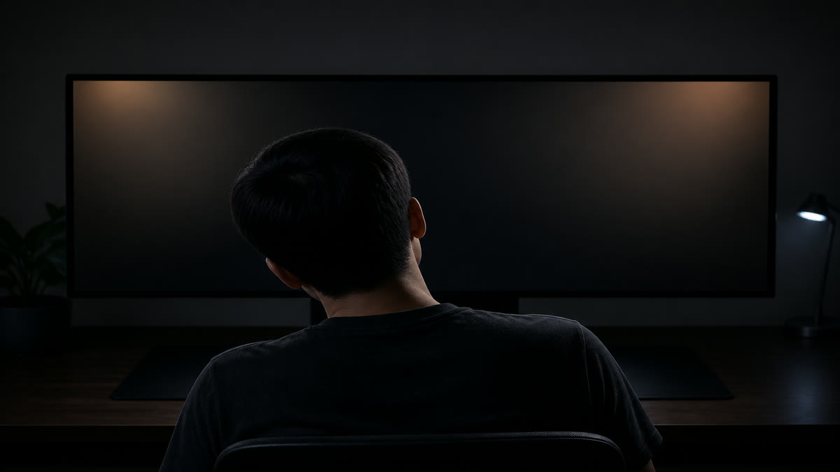 A widescreen monitor in a dark room filled with black and a soft warm haze blooming from both upper corners.