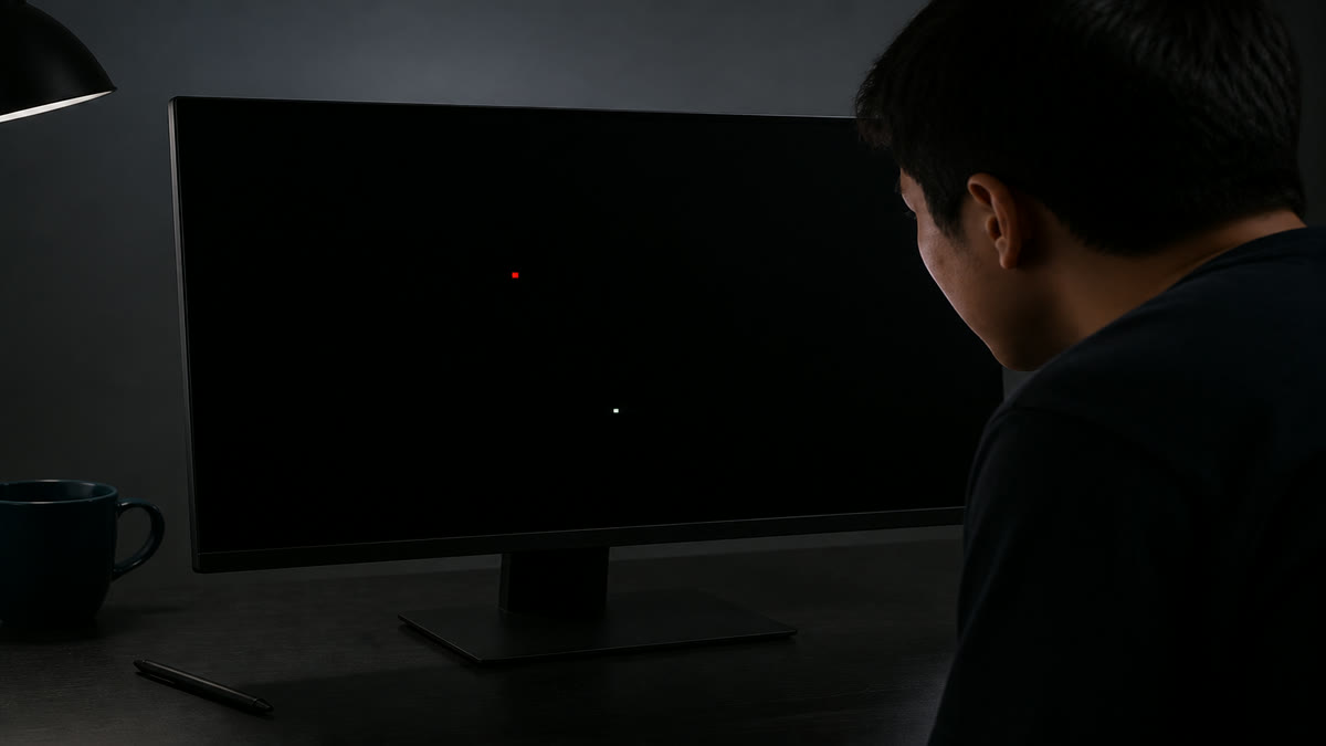 A desktop monitor filled with black showing two tiny bright stuck pixels, one red and one white.