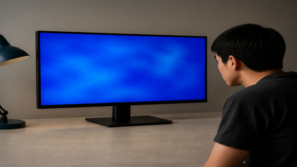 A monitor filled with blue that looks blotchy, with brighter and darker cloudy patches across the panel.