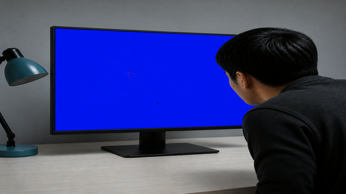 A desktop monitor filled with blue showing one tiny red stuck pixel and one black dead pixel.