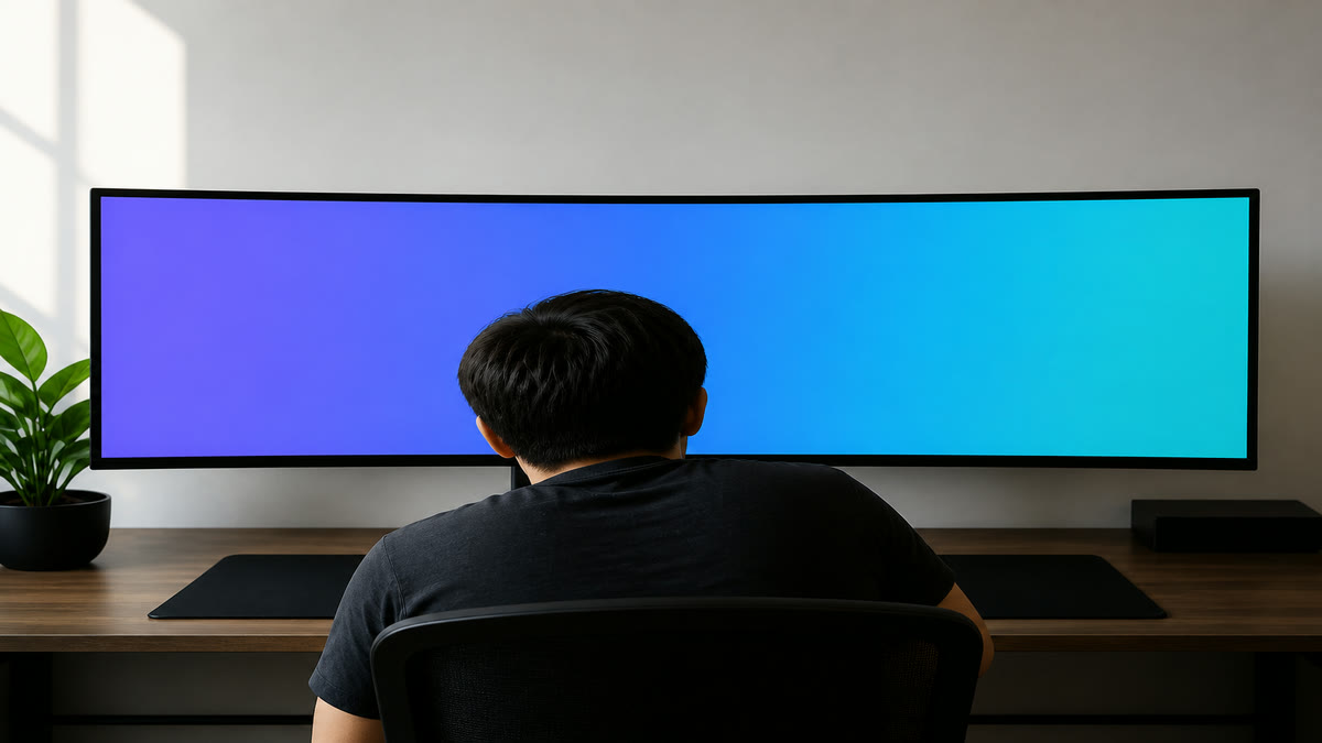 A widescreen monitor filled with blue that shifts from purple on the left to cyan on the right.