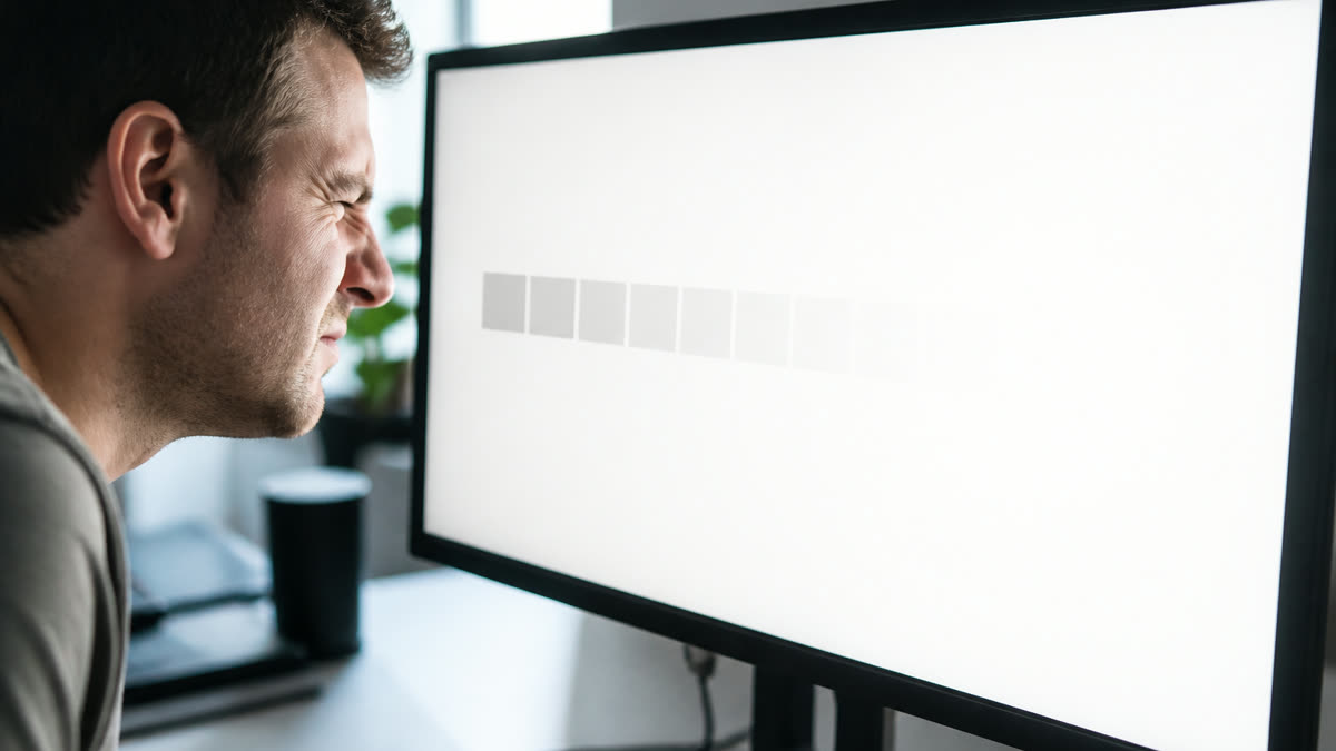 Near-white highlight test where pale boxes merge into a clipped white field on a bright office monitor.