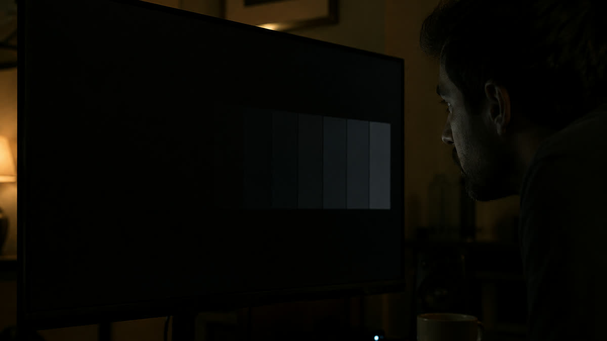 Dark-room near-black brightness test showing crushed shadow steps on a monitor while someone inspects the panel.