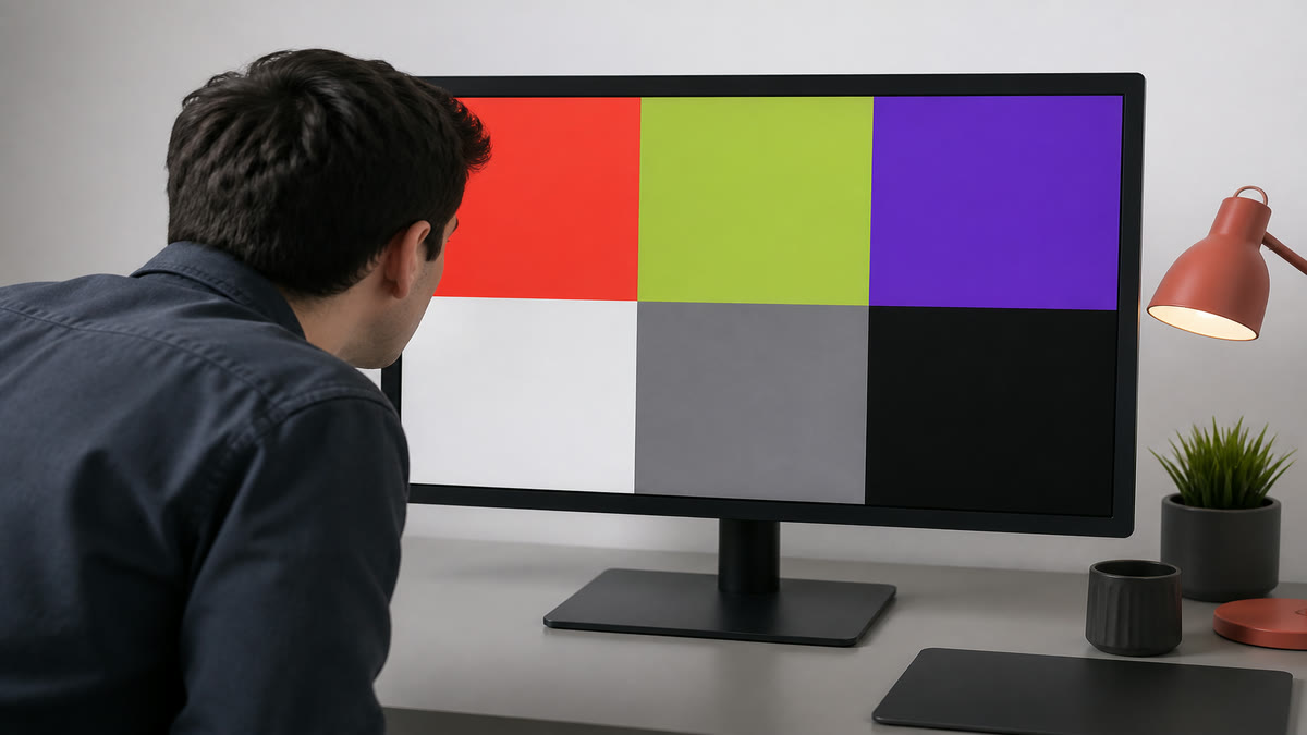 A widescreen monitor showing an sRGB color card where one primary square has shifted away from true red toward orange.