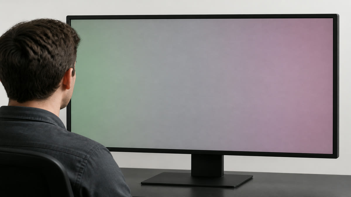 A monitor showing a mid-grey field with a green tint on one side and a pink tint on the other.