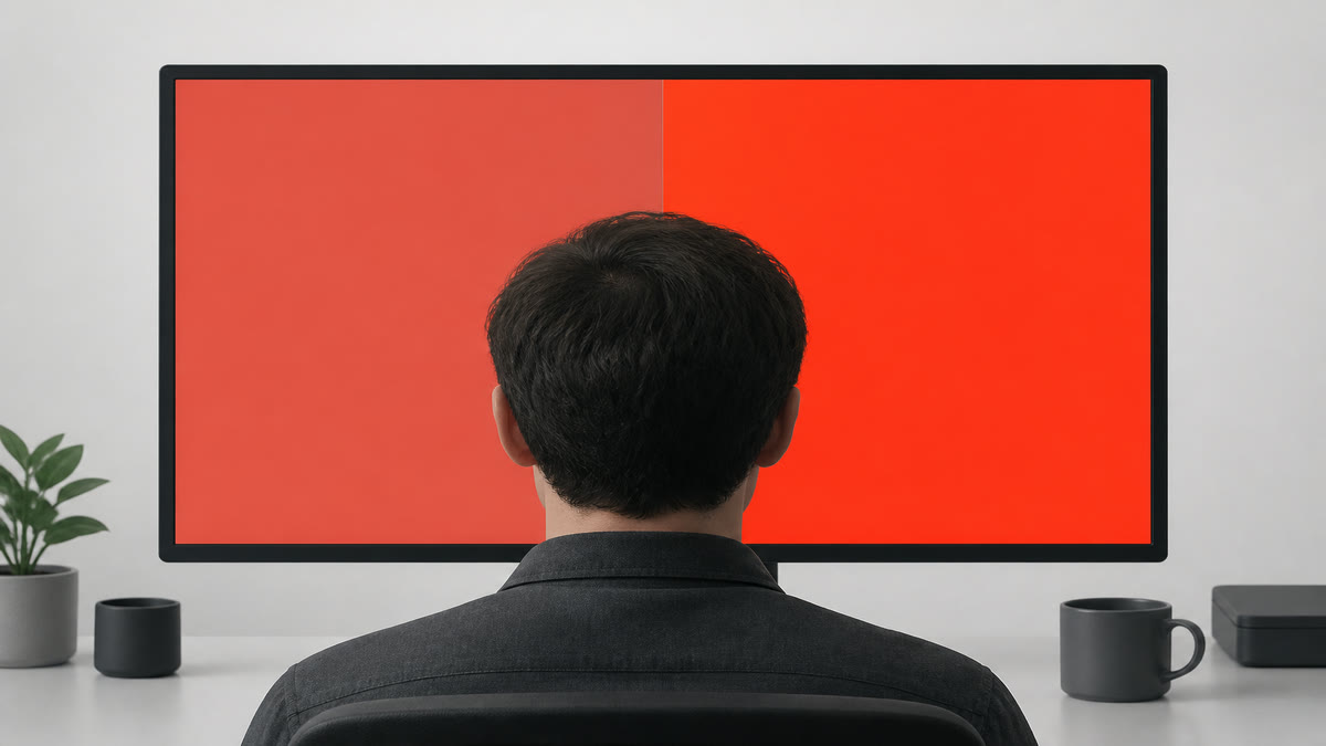 A monitor split between a muted sRGB red on the left and a more saturated P3 red on the right.