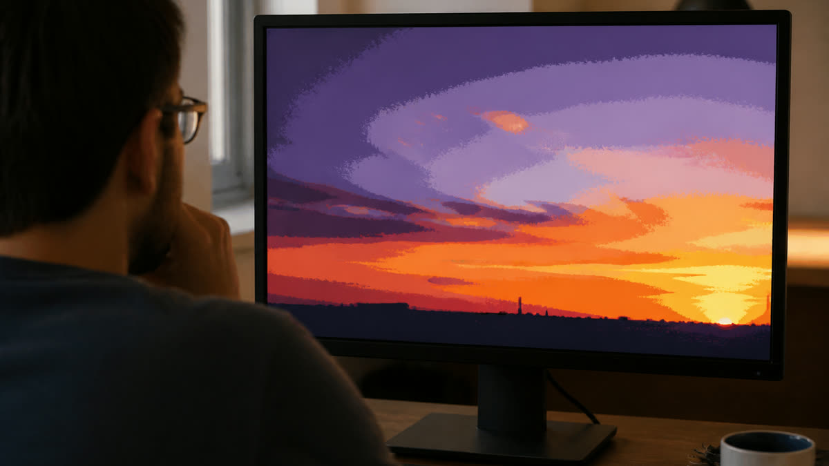 A posterized sunset sky on a monitor where hue transitions collapse into flat color blocks.