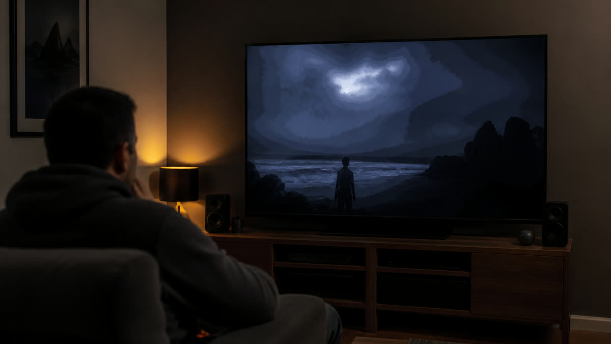 A TV showing extra contour bands in a dark movie scene from compression or picture processing.