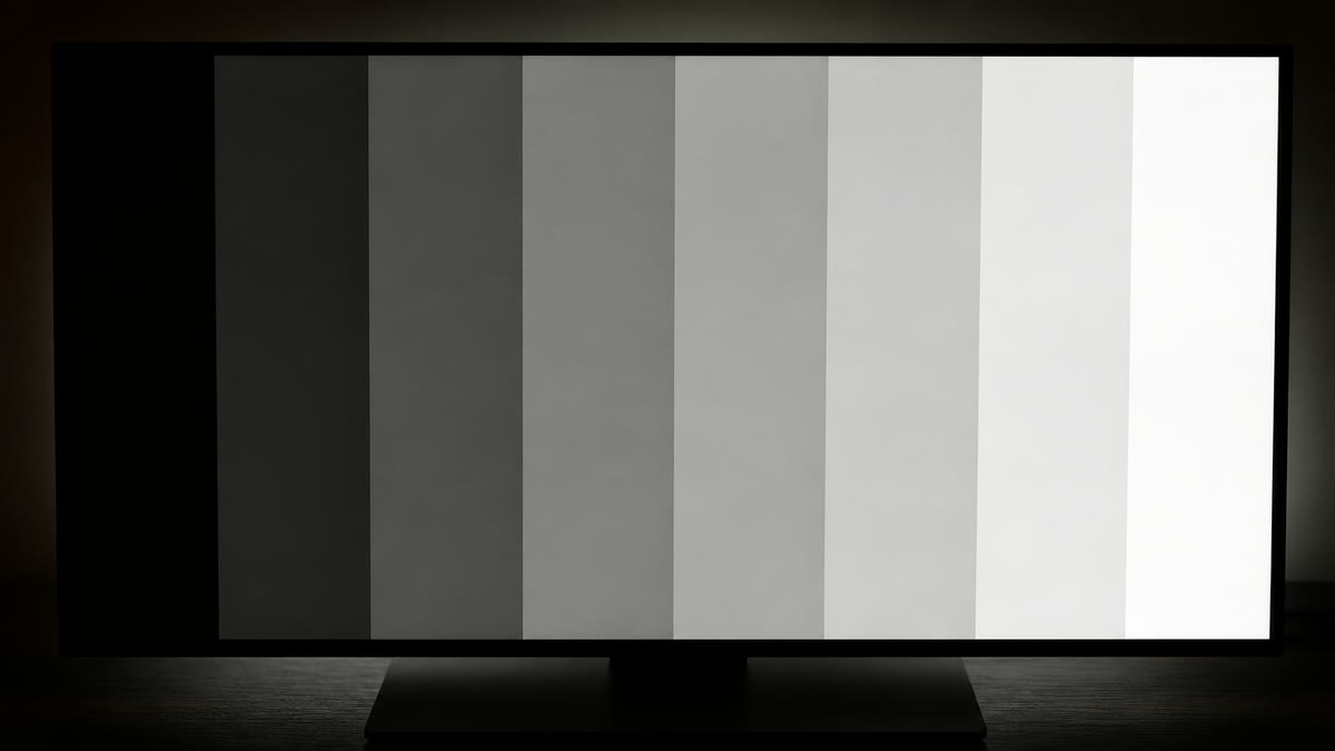 A monitor showing a coarse greyscale staircase from black to white with a few wide visible steps.