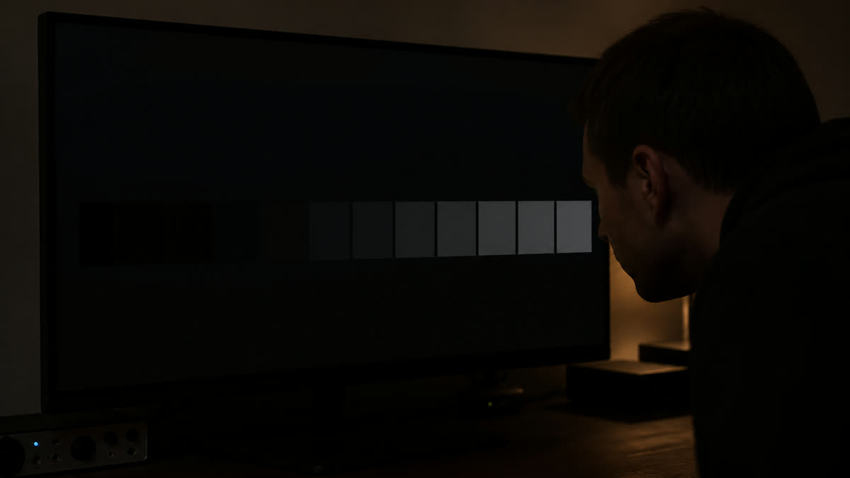 Near-black contrast test showing crushed shadow steps disappearing into a dark monitor field.