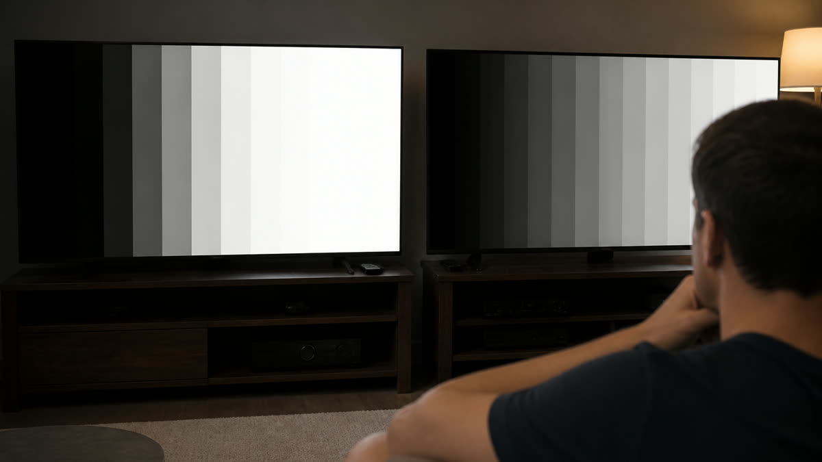 A TV in a vivid contrast mode where both the darkest and brightest gray steps have lost detail.
