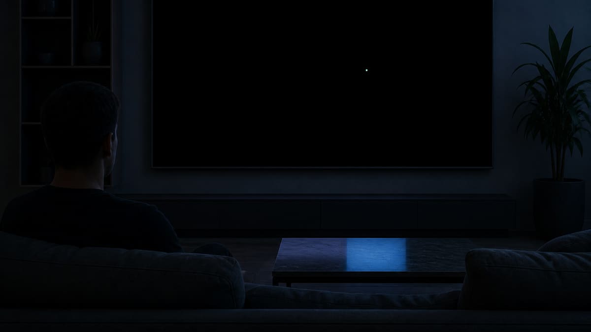 Black fullscreen monitor test showing one bright defective pixel against a dark living-room panel.