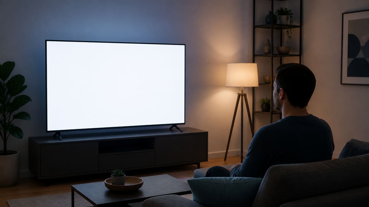 Person checking a new TV from couch distance after a solid-color dead pixel sweep.