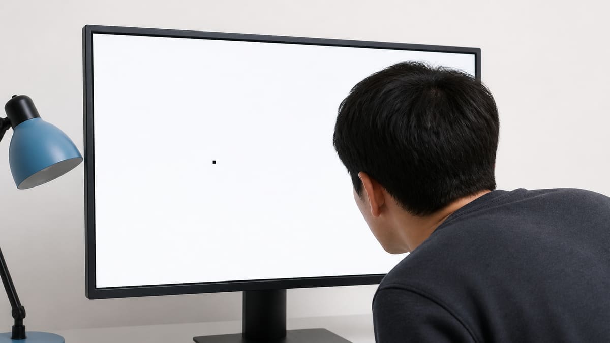 White fullscreen dead pixel test with one dark isolated pixel while someone inspects the monitor up close.