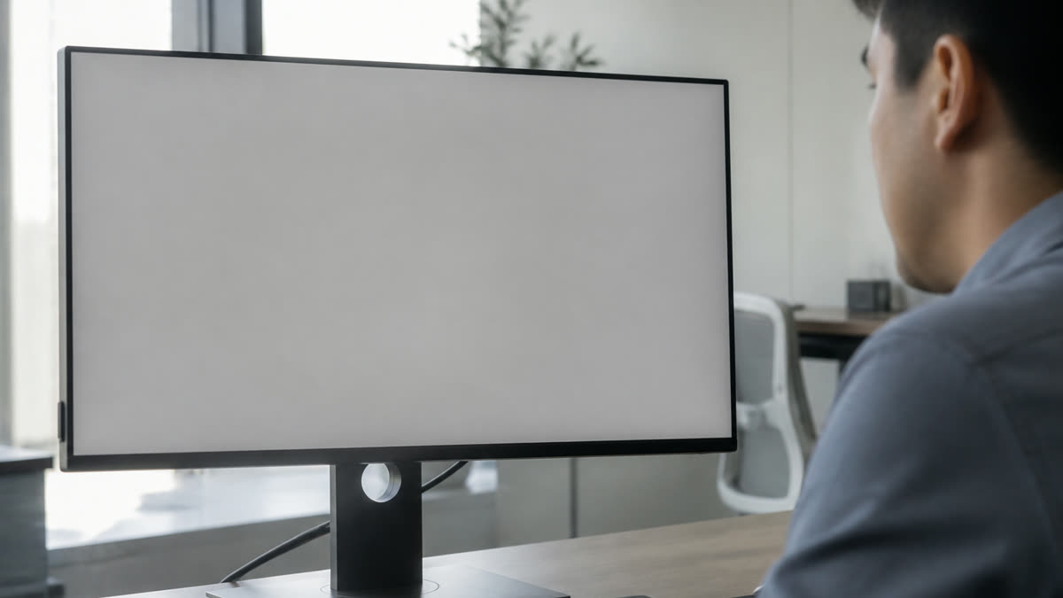 A washed-out gray midtone field on a desktop monitor that looks flat and foggy.