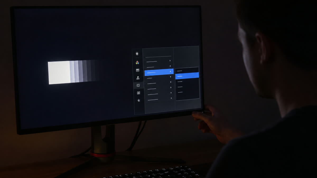 A person adjusting a monitor overdrive setting while a moving test block still shows leftover trails.