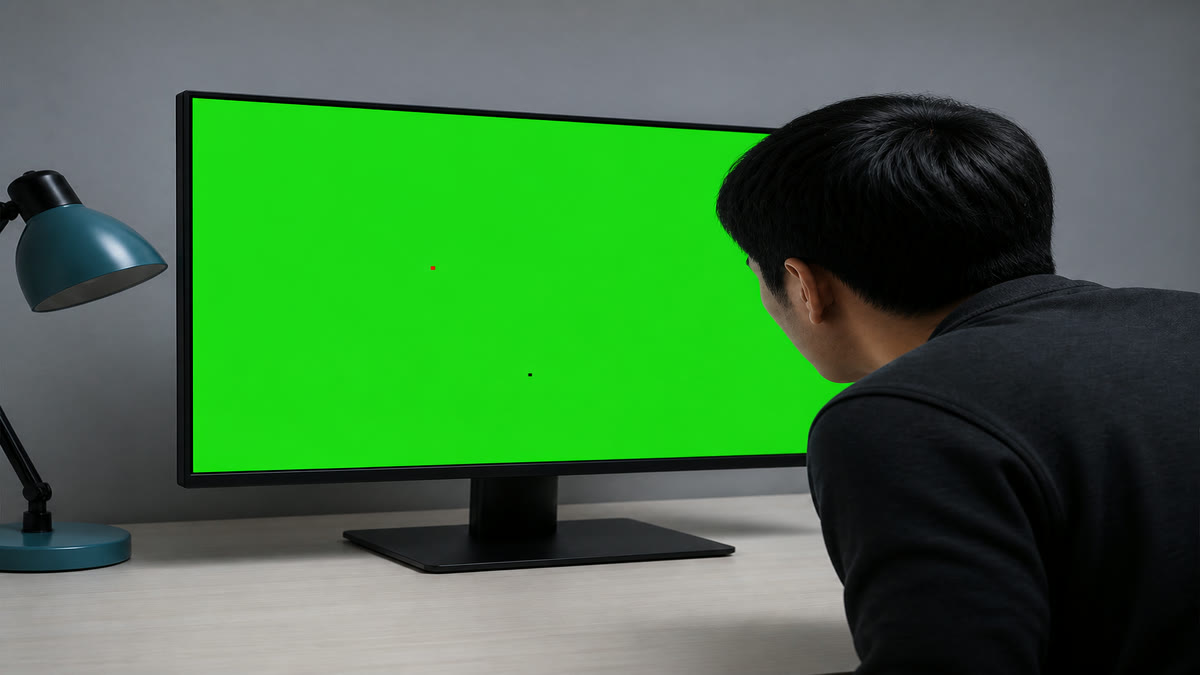 A desktop monitor filled with green showing one tiny red stuck pixel and one black dead pixel.