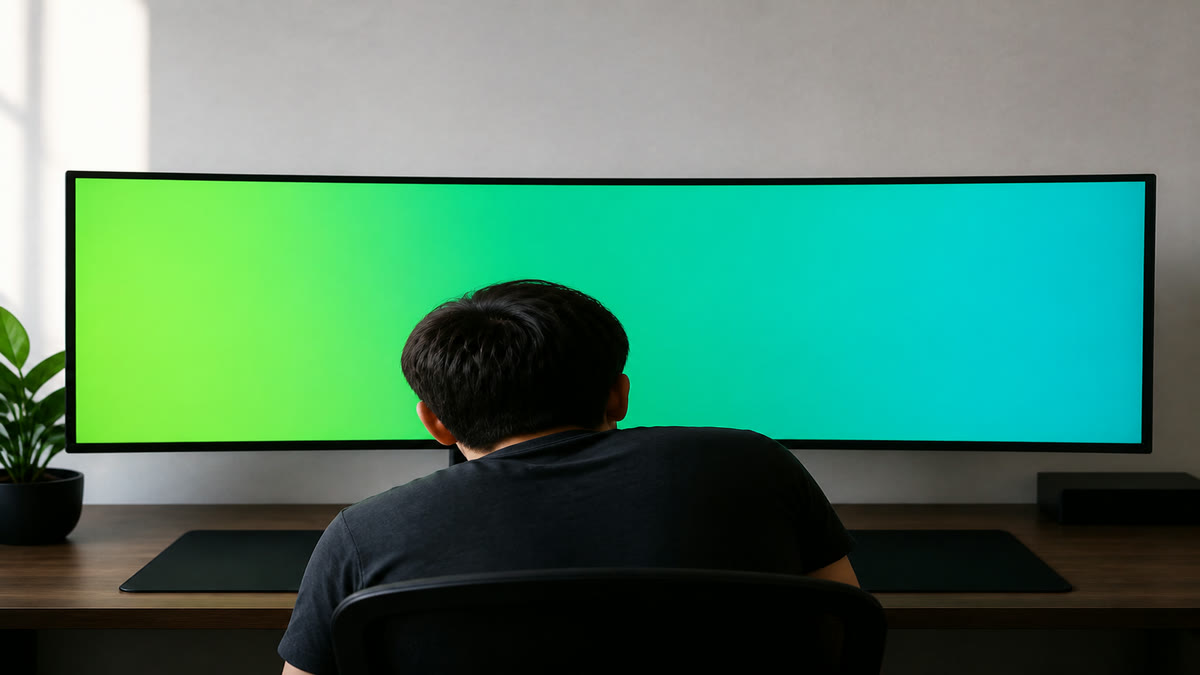 A widescreen monitor filled with green that shifts from yellow-green on the left to cyan on the right.