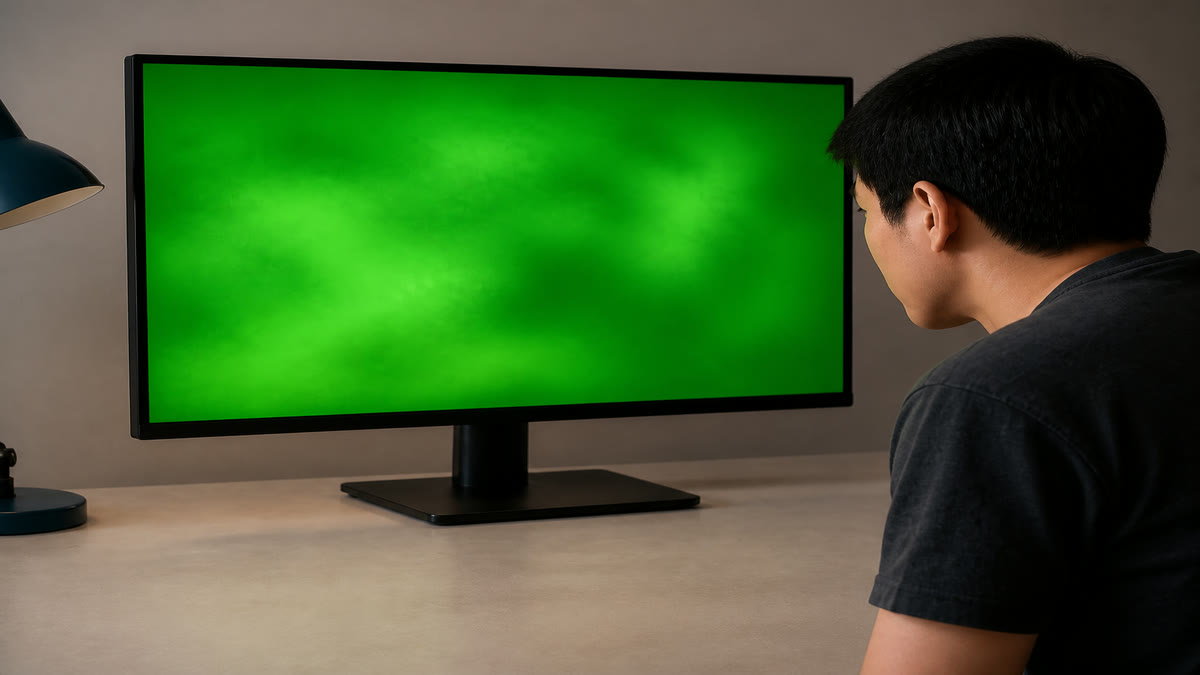 A monitor filled with green that looks blotchy, with brighter and darker cloudy patches across the panel.