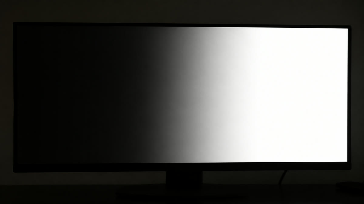 A monitor split between a crushed near-black shadow ramp on the left and a clipped near-white highlight ramp on the right.