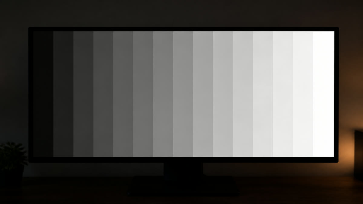 A widescreen monitor showing about seventeen vertical greyscale bars from black to white, with two of the darkest bars merged into one missing step.