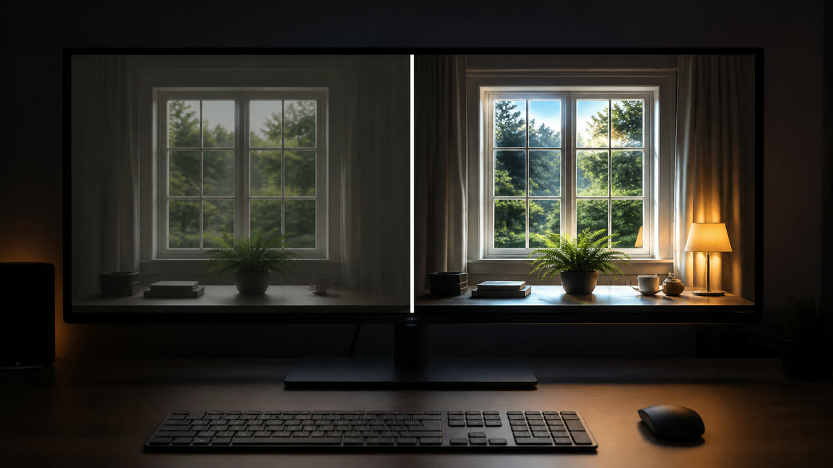 A widescreen monitor in a dim room showing the same window twice, with the right half punching much brighter highlights.