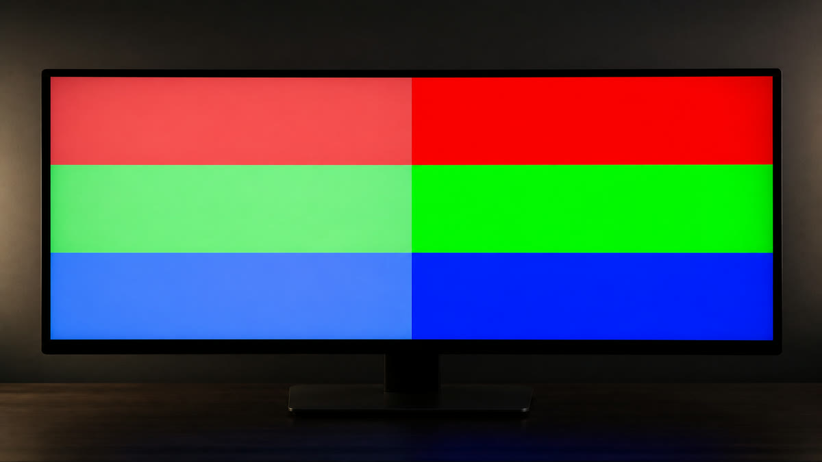 A monitor split between muted red-green-blue blocks on the left and more saturated versions of the same blocks on the right.