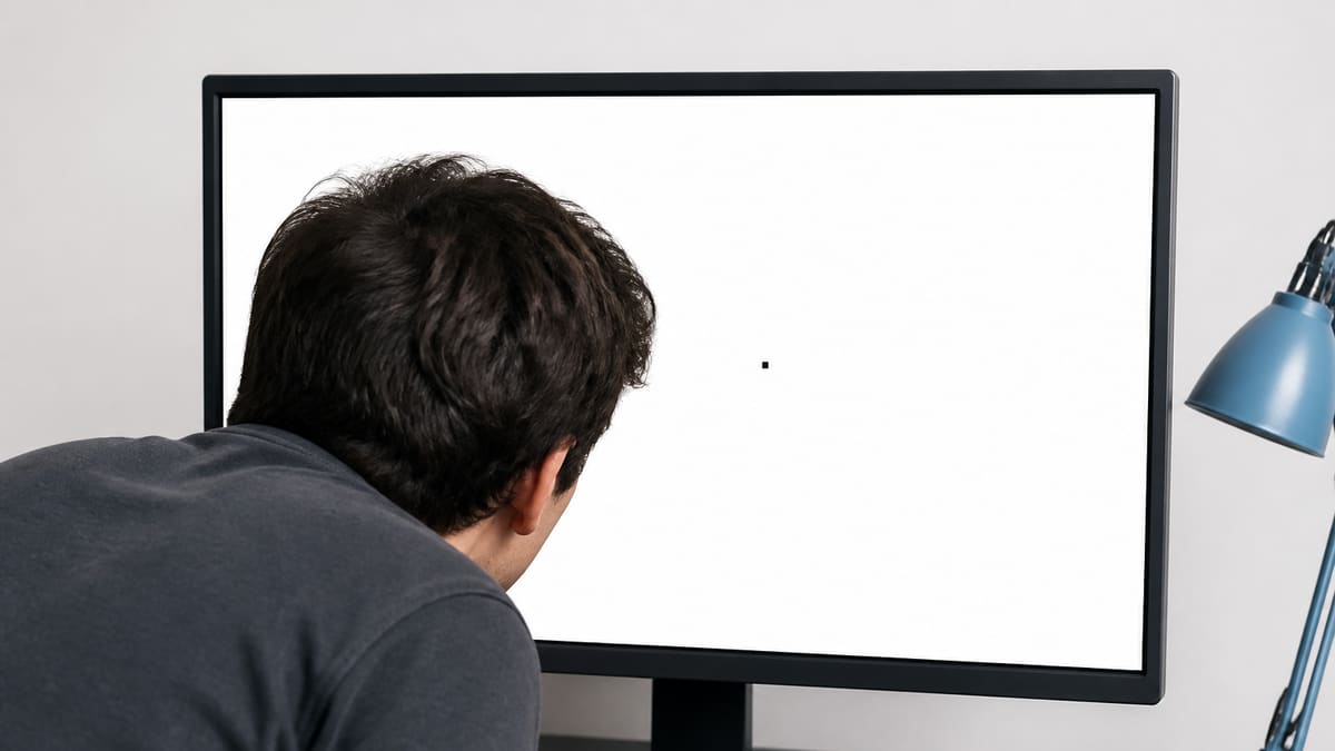 White fullscreen monitor test showing one dark dead pixel while someone inspects the panel up close.