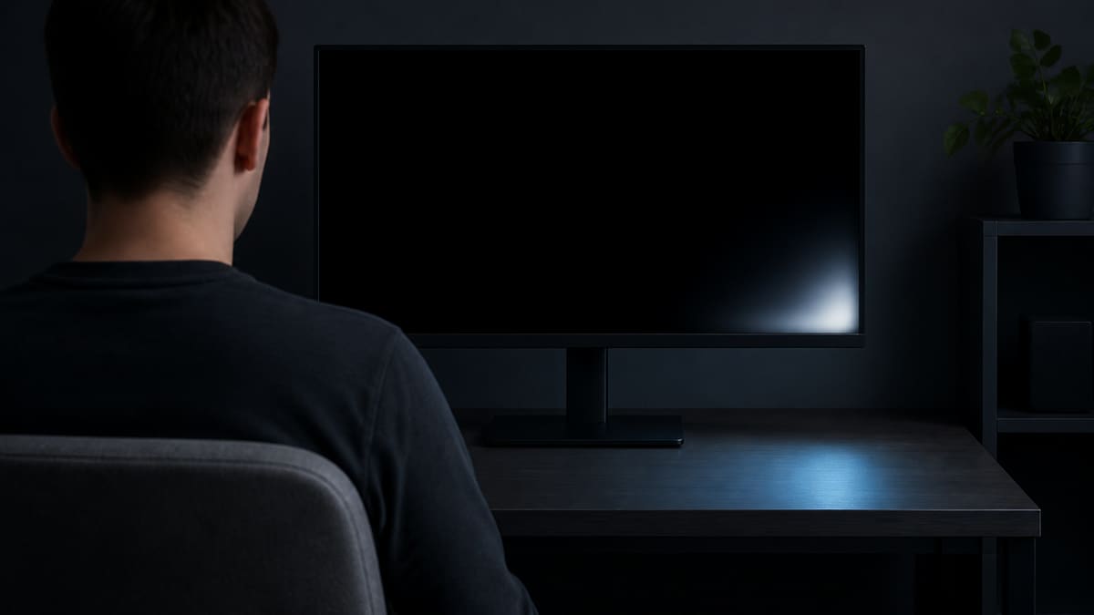 Dark-room black screen monitor test with a cloudy bright corner from backlight bleed.
