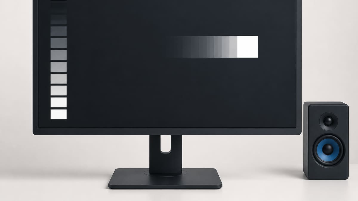 Dark monitor field with a moving white block and a faint ghosting trail for motion checks.