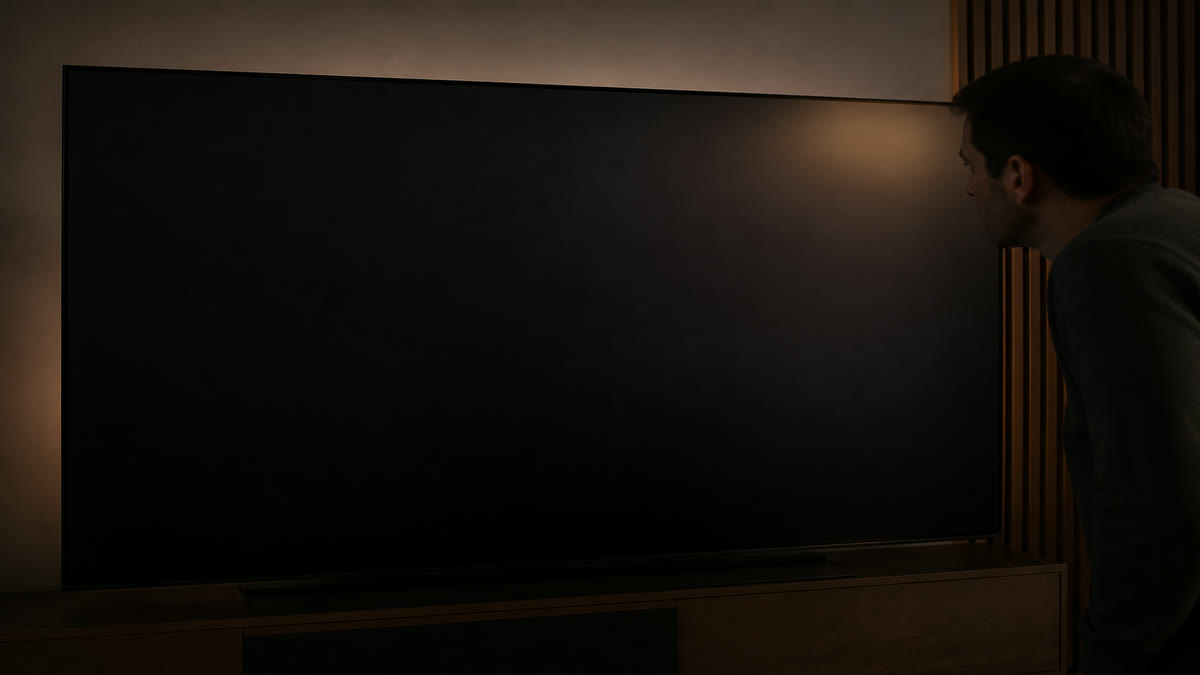 An OLED TV in a dark room showing an uneven black field with a glowing corner and crushed shadow detail.