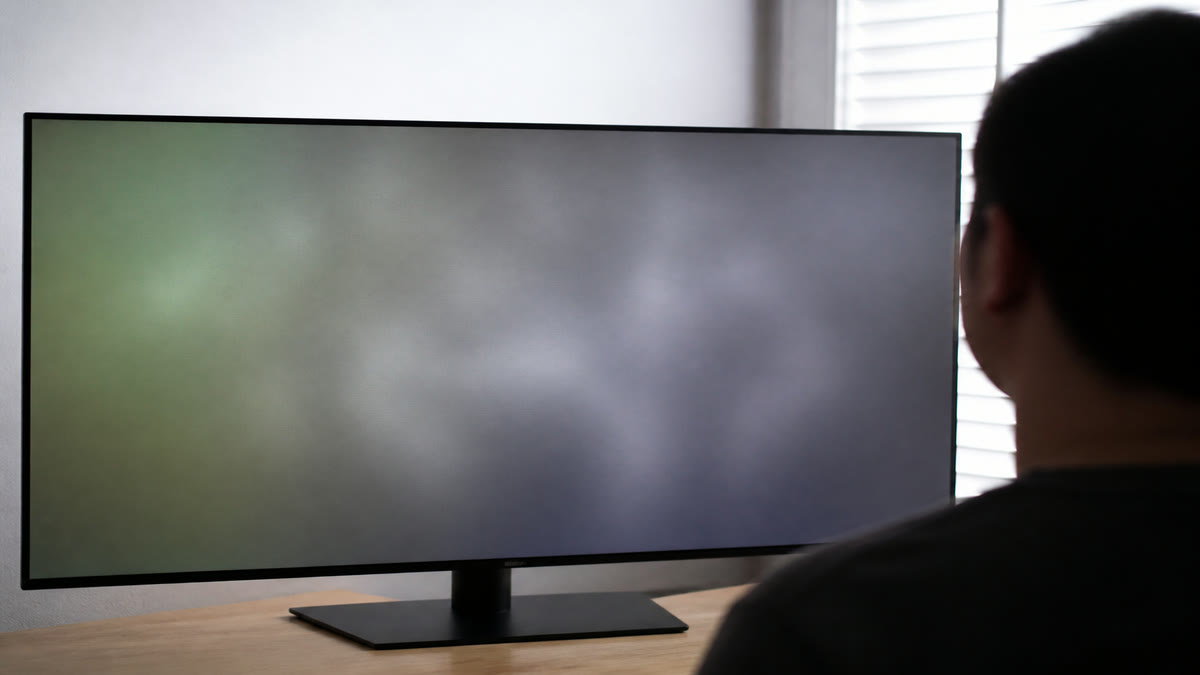 An OLED monitor filled with grey that looks blotchy, with cloudy patches and a green tint on one side.