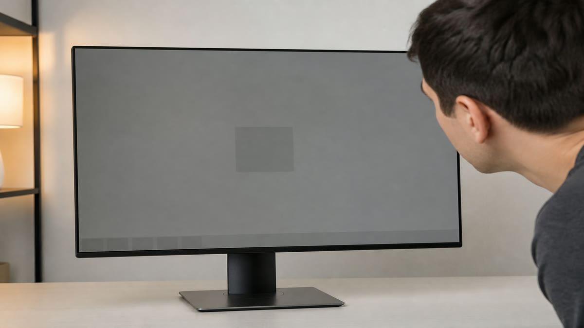 An OLED monitor filled with mid grey showing a faint leftover taskbar and a ghost app logo.