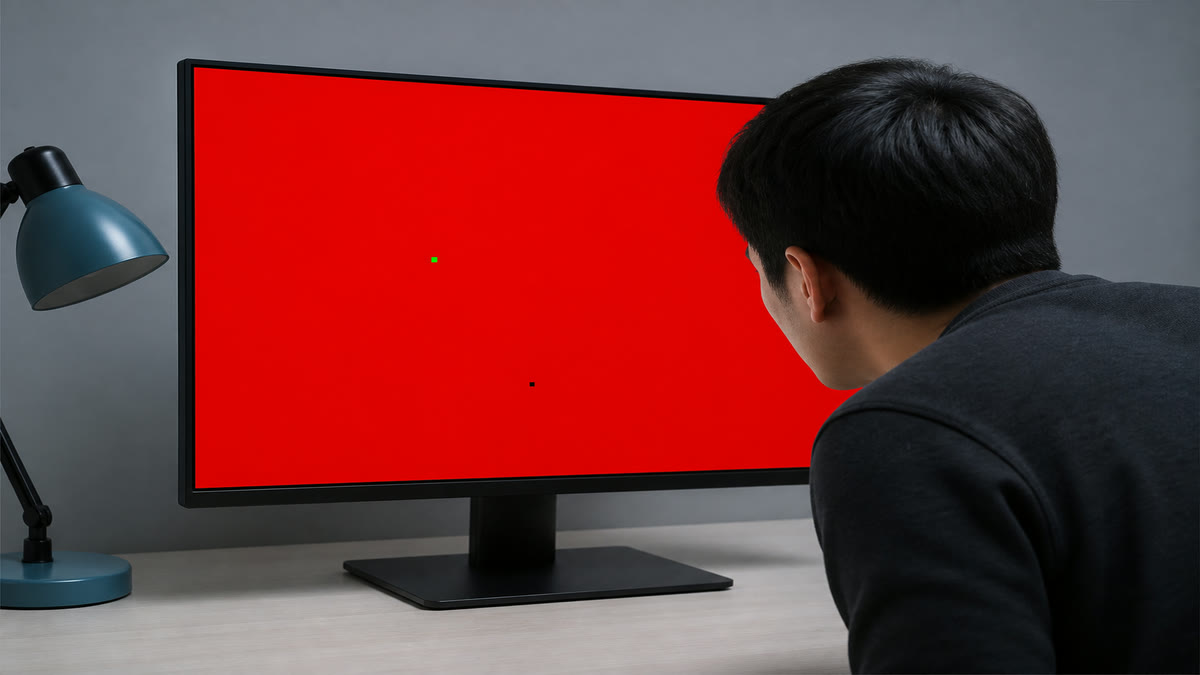 A desktop monitor filled with red showing one tiny green stuck pixel and one black dead pixel.