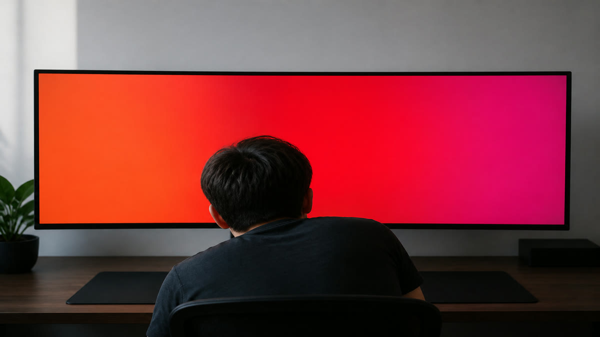 An ultrawide monitor filled with red that shifts from orange on the left to pink on the right.