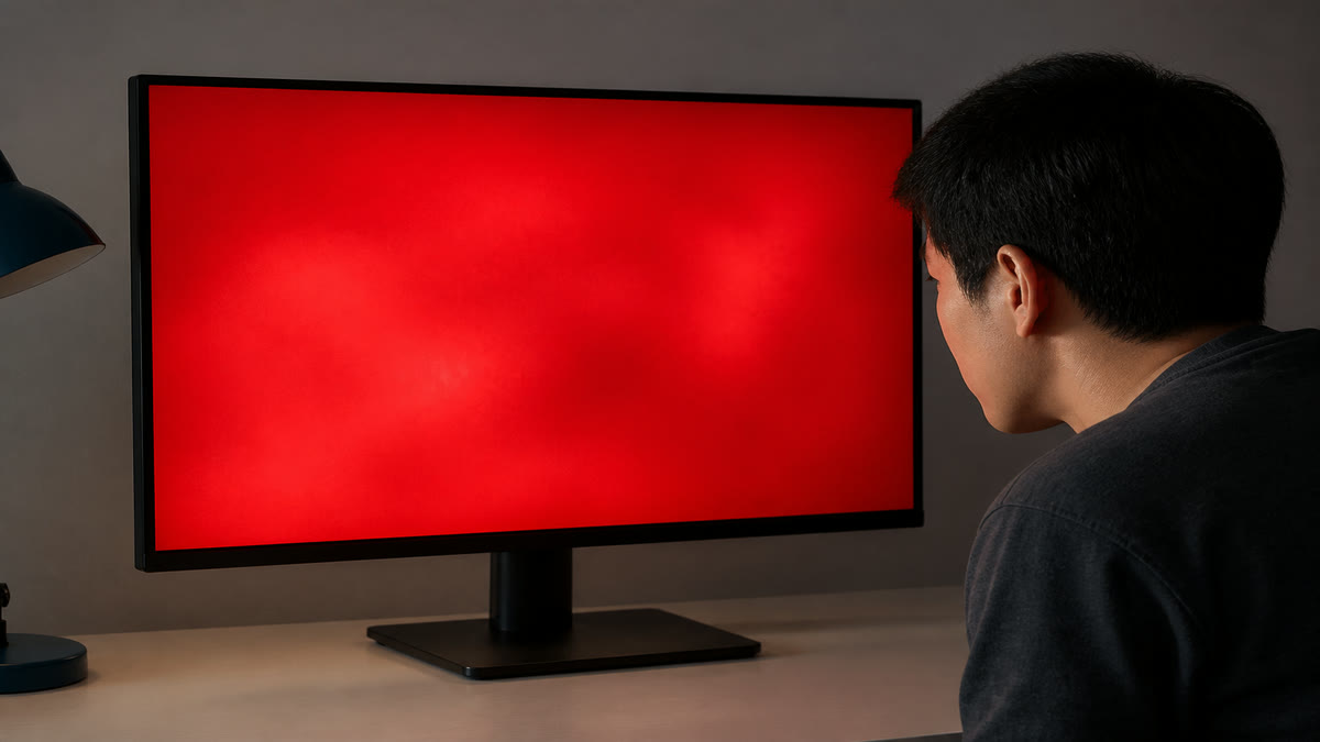 A monitor filled with red that looks blotchy, with brighter and darker cloudy patches across the panel.