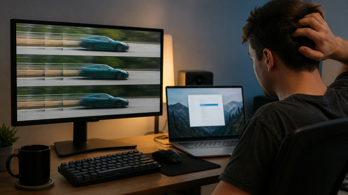 A person comparing a choppy monitor animation with a laptop display-settings window that may still be set to 60 Hz.