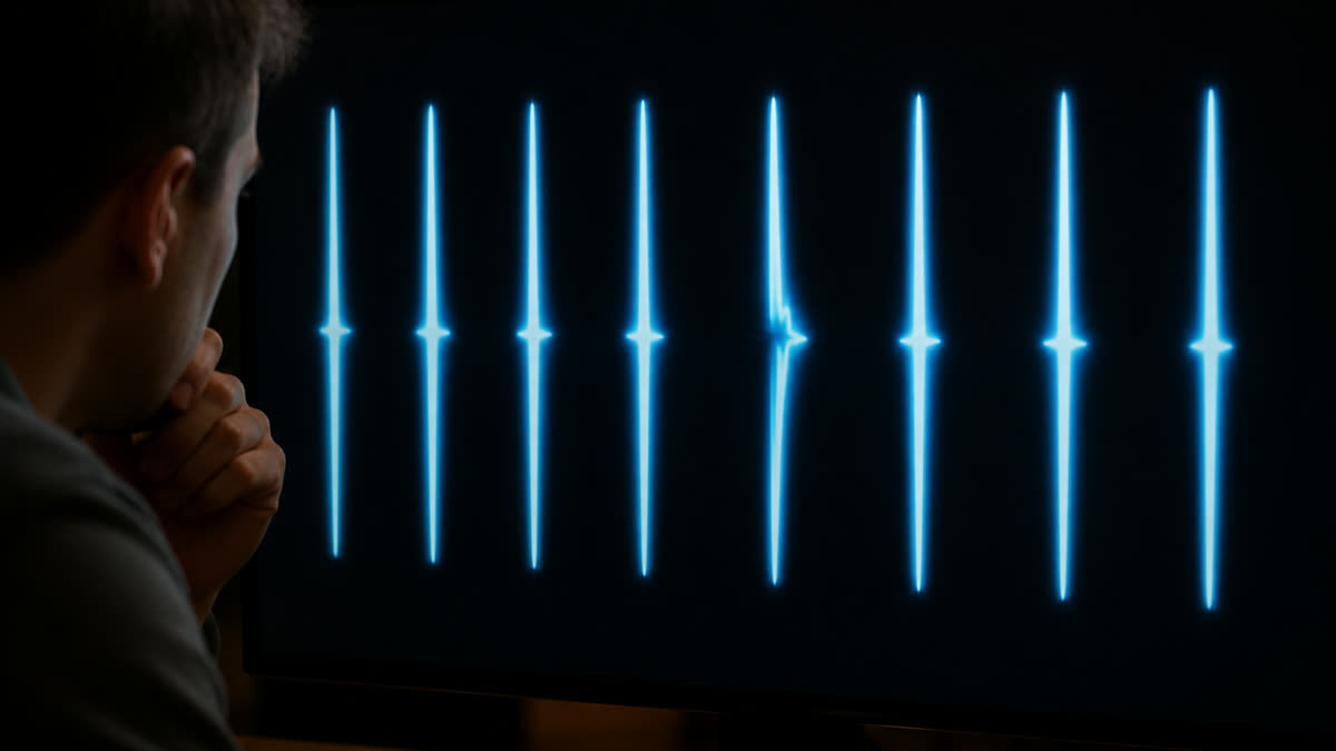 A close-up of seven glowing bars pulsing out of rhythm, one hitching while the others flow.