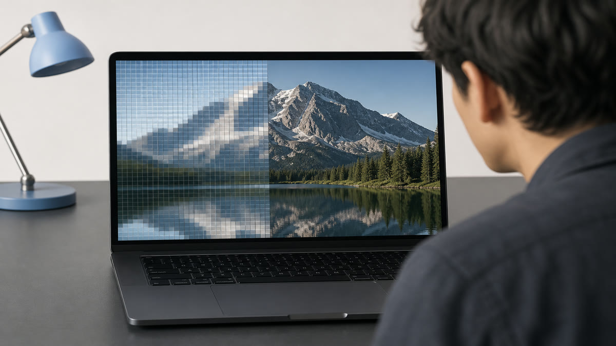A laptop screen split between a coarse pixel grid on the left and a sharper 2x grid on the right, showing device pixels versus CSS pixels.
