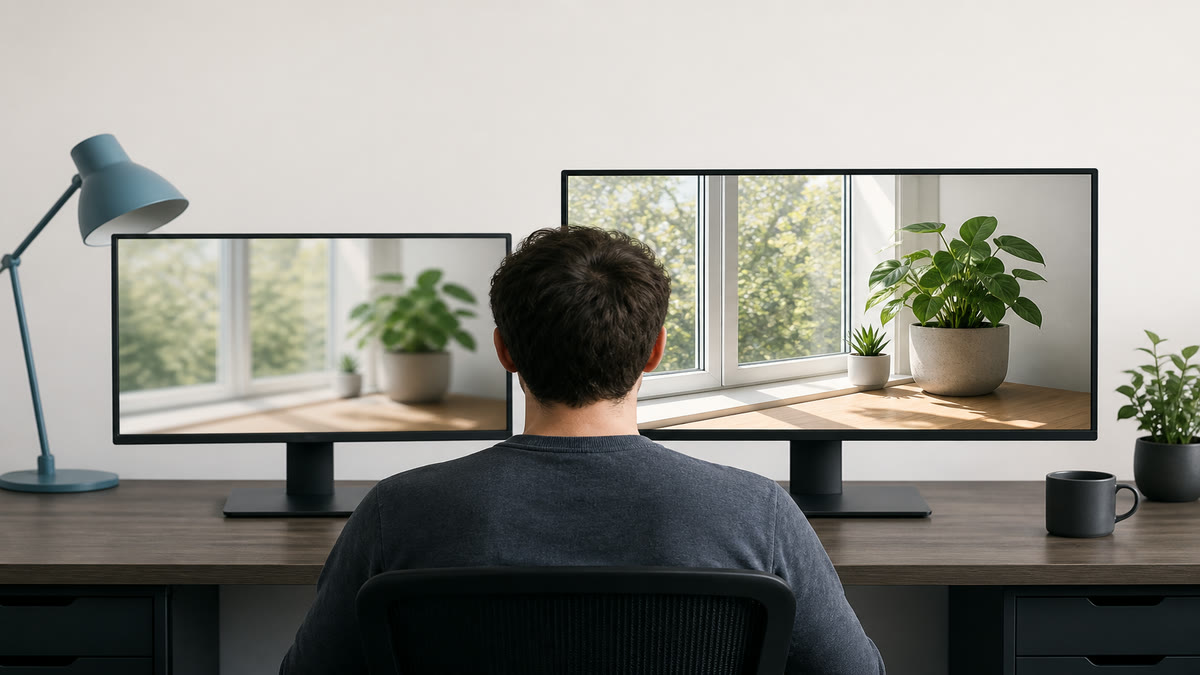 Two 16:9 monitors side by side, a smaller 1080p-like panel next to a larger sharper 4K-like panel.