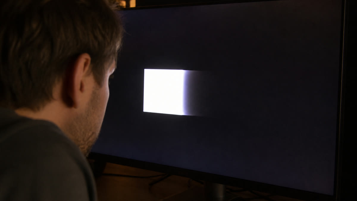 A gaming monitor showing a moving block with a bright overshoot halo around the edges from aggressive overdrive.